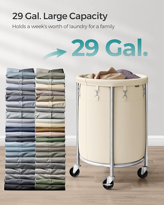 SONGMICS 29-Gallon (110 L) Laundry Basket with Wheels, Rolling Round Heavy-Duty Laundry Hamper Cart with Steel Frame and Removable Bag, 2 Locking Wheels, Cream White and Metallic Silver URLS002W01