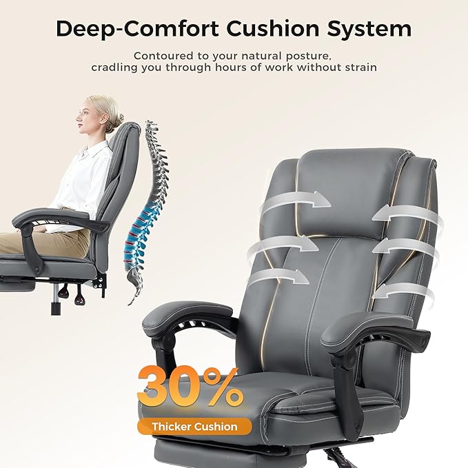 Office Chair with Footrest, Executive Breathable Leather Office Desk Chair with Lumbar Support - Ergonomic Comfy Wide Reclining Swivel Rolling Gaming Computer Chair with Adjustable 90-135° High Back