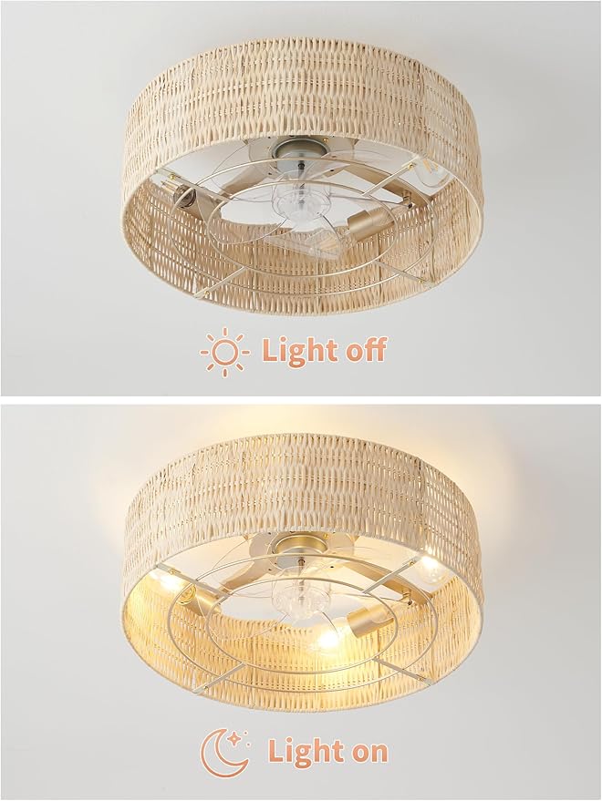 Caged Ceiling Fans with Lights Flush Mount, 20" Fabric Boho Ceiling Fan with Light Remote Control, Enclosed with 6 Speeds for Bedroom, Nursery, Living Room (Beige)