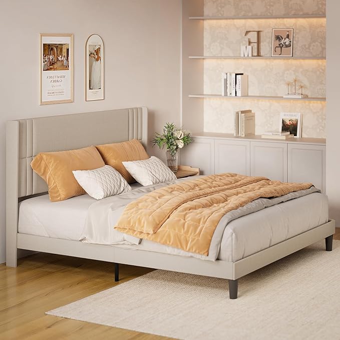 Gizoon King Bed Frame with Wingback Headboard, Upholstered Platform Bed with Modern Geometric Headboard, Wooden Slats, Noise-Free, No Box Spring Needed