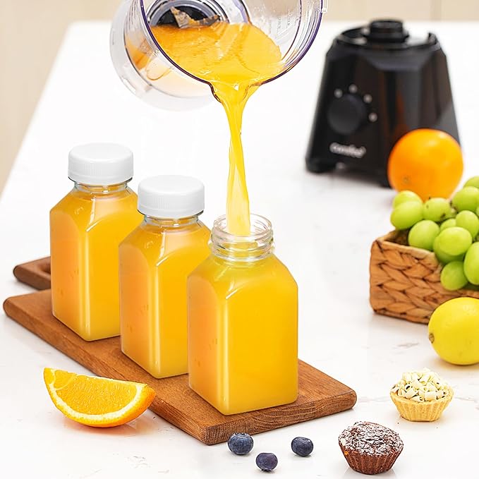 Plastic Juice Bottles, Reusable Juice Containers with White Tamper Proof Lids, Brush, Funnel and Labels, Clear Juice Containers for Juicing, Smoothie and Homemade Beverages (6PCS 4oz)