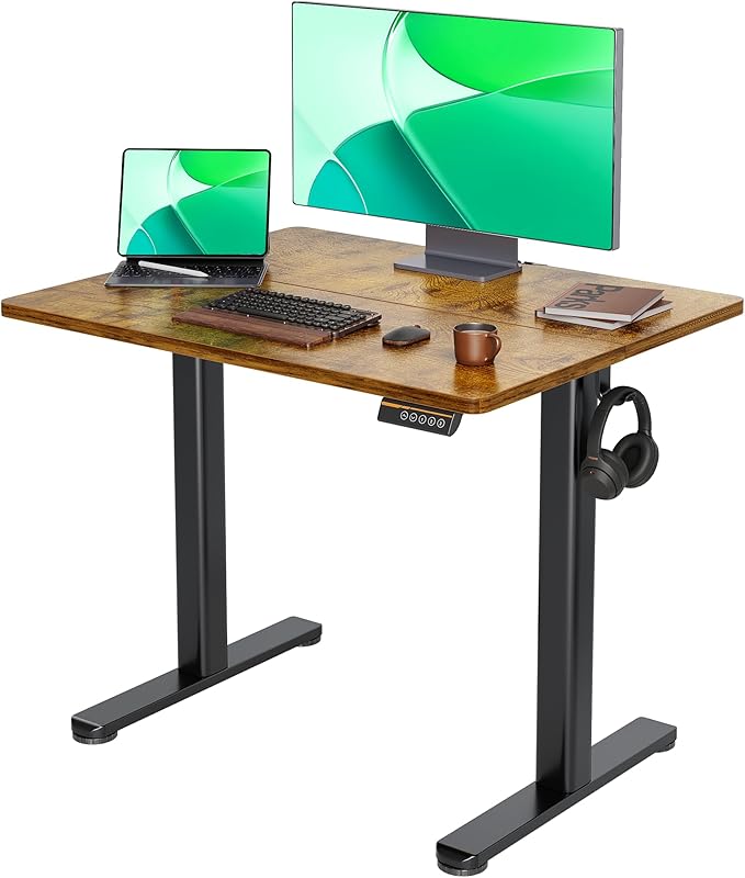 Claiks Electric Height Adjustable Stand Up Desk, 35x20 Inches Sit Stand Desk for Home Office, Rustic Brown Top/Black Frame