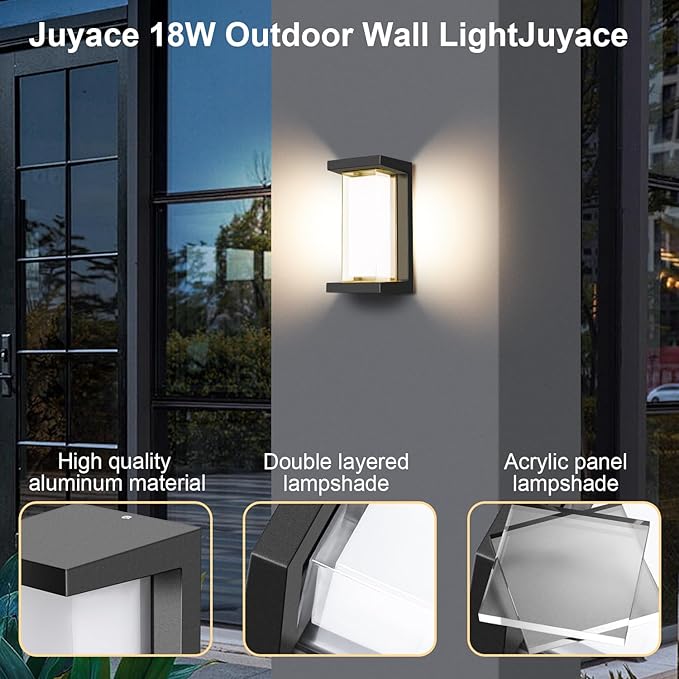 Juyace 18w Outdoor Porch Lights Exterior Lighting Fixtures Wall Mount Rectangular Modern Patio Sconces 1800Lm 3000k Aluminum Black IP65 for Garage House Front Door Entryway (2 Pack)