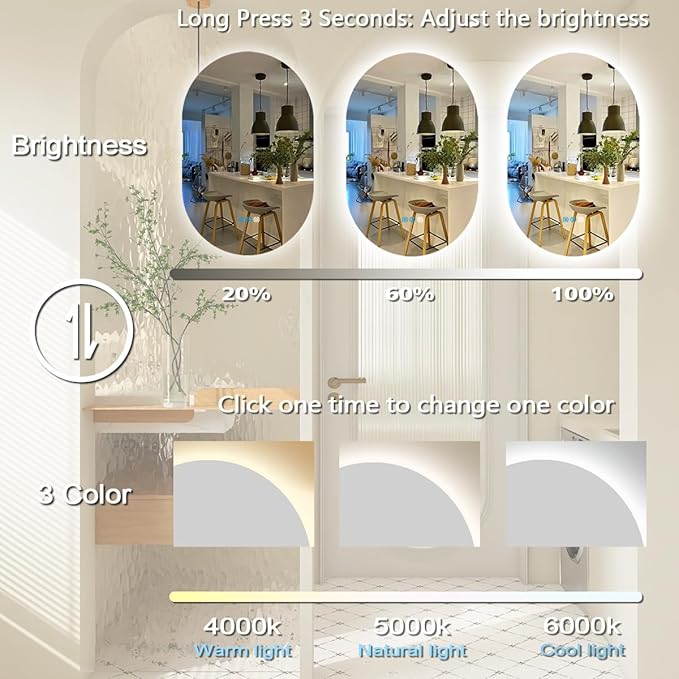 THEKLA 24 x 32 Inch Backlit Oval Lighted Vanity Mirror with Lights Smart Memory 3 Color Dimmable AntiFog 32" Frameless LED Oval Backlit Mirror for Bathroom Makeup Table Wall Vertical/Horizontal Mount