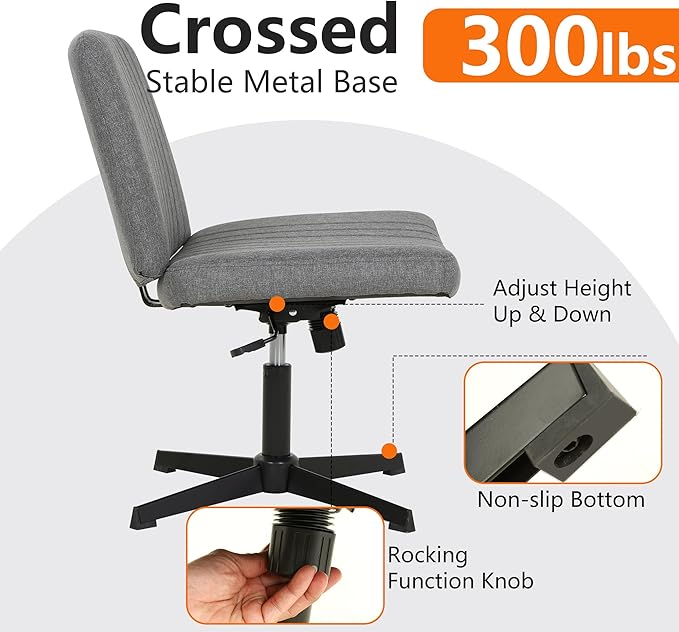 FDW Criss Cross Chair Armless Cross Legged Office Desk Chair Adjustable Swivel Ergonomic Gaming Chair No Wheels Backrest with Wide Seat Native Sponge Computer Task Vanity Chair for Home Office,Grey