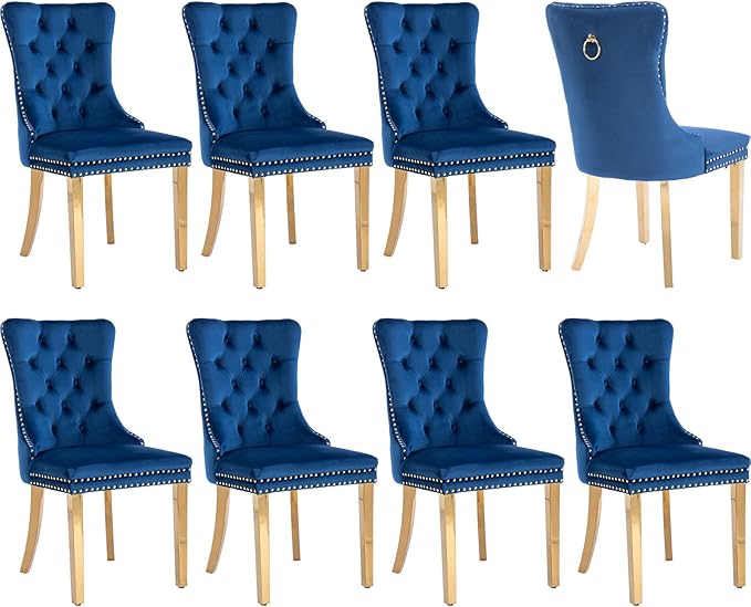Luxury Upholstered Dining Chairs Set of 8, Blue Kitchen Chair with Golden Metal Legs, Velvet Tufted Back Dining Chair, Sillas de Comedor, Modern Kitchen & Dining Room Chairs (Blue, 8 Pcs)