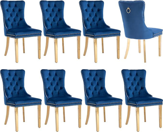 Luxury Upholstered Dining Chairs Set of 8, Blue Kitchen Chair with Golden Metal Legs, Velvet Tufted Back Dining Chair, Sillas de Comedor, Modern Kitchen & Dining Room Chairs (Blue, 8 Pcs)