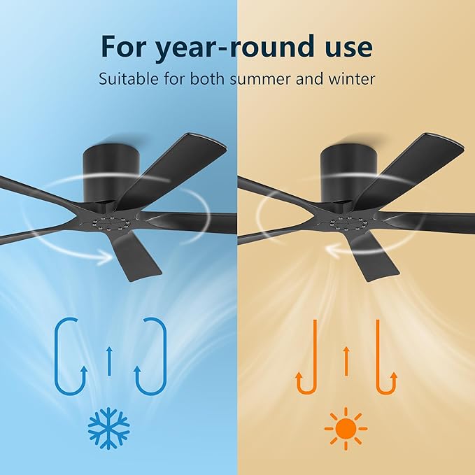 ELEHINSER 52 inch Low Profile Ceiling Fan without Light, 5 Solid Wood Blades, 6-Speed, Quiet DC Motor, Timer, Flush Mount Modern Ceiling Fan No Light with Remote for Living Room Bedroom, Black