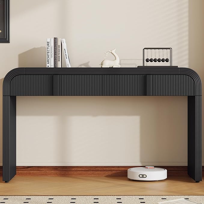 Modern Curved Entryway Console Table 55-Inch Entry Sofa Table with Storage Drawers for Living Room Entrance Hallway Accent Furniture (Black-1)