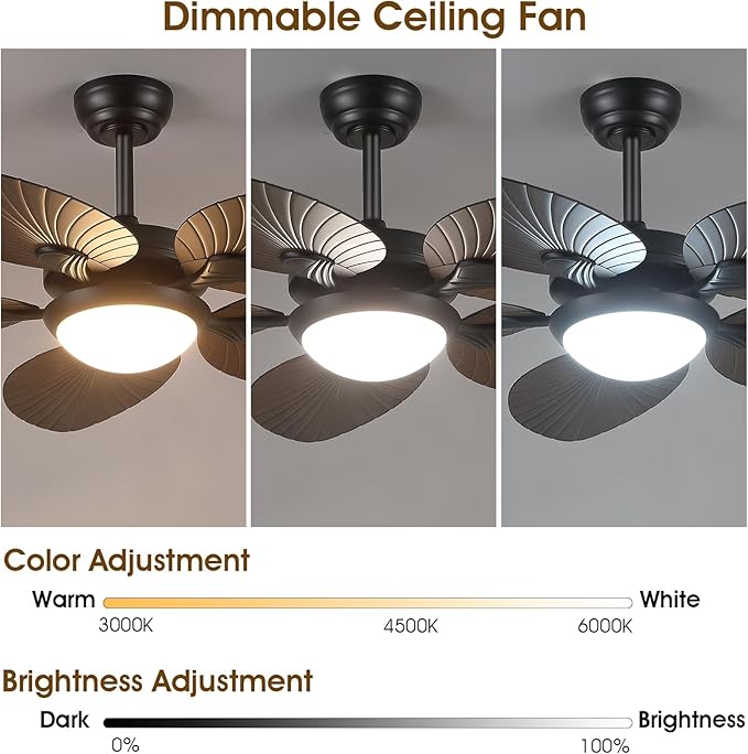 Tropical Ceiling Fans with Lights and Remote/APP Control, 44 Inch Palm Leaf Ceiling Fan with LED Lights, Outdoor Ceiling Fans for Patios Porch, Reversible Quiet Motor, Dimmable, Dark Brown