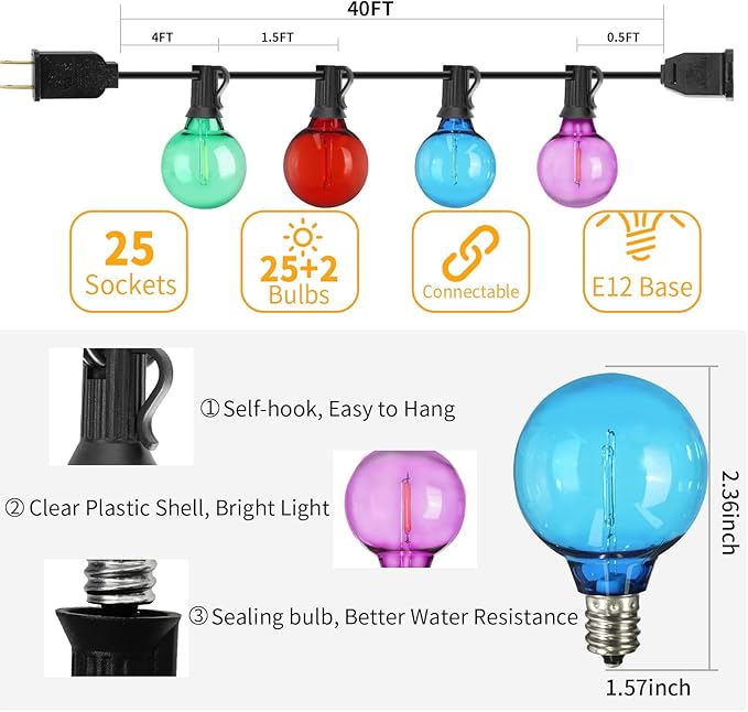 40FT LED Outdoor String Lights Waterproof, G40 LED Globe Outdoor Lighting for Patio with 27 Edison Vintage Shatterproof Bulbs, Connectable Backyard Lights for Garden, Bistro, Porch, Cafe