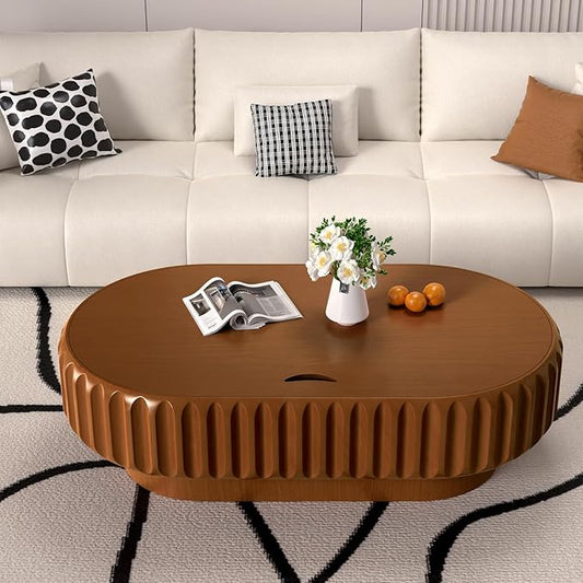 43.3" Oval Drum Coffee Table with Storage Modern Unique Fluted Tea Table Contemporary Wood Oval Coffee Table Centr Table for Living Room Apartment (Brown oval-43.3in)