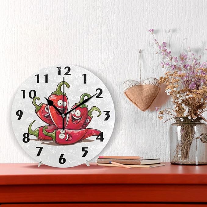 Cartoon Chili Pepper Wall Clock Round Silent Non-Ticking Battery Operated Clocks 10 Inch White Black Home Decor for Kitchen Bedroom Living Room