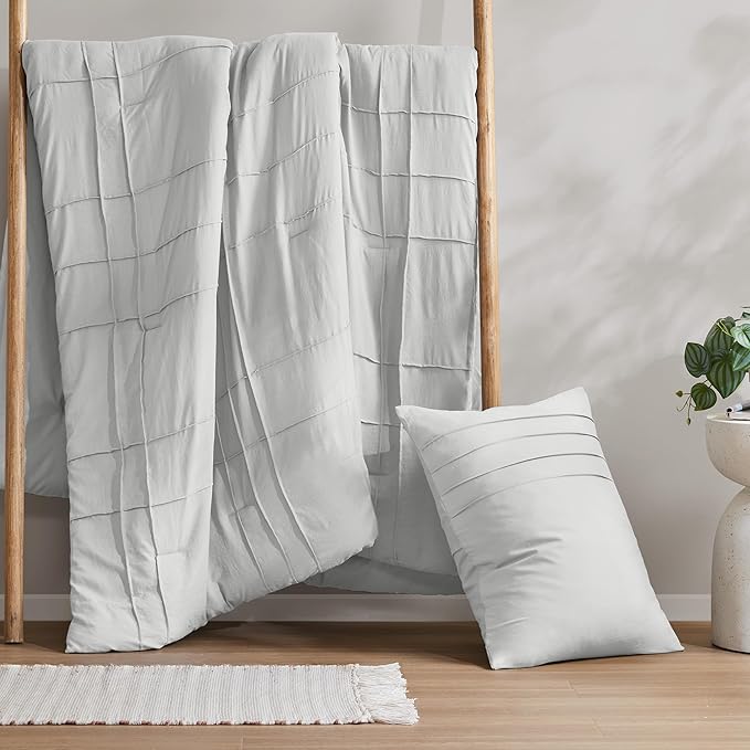 Comfort Spaces Silver Twin Size Comforter Set - 2 Pieces Pintuck Pleated Bedding Sets, All Season Lightweight, Extra Softness Pre-Washed Microfiber Twin Bed Set, Shams, Twin
