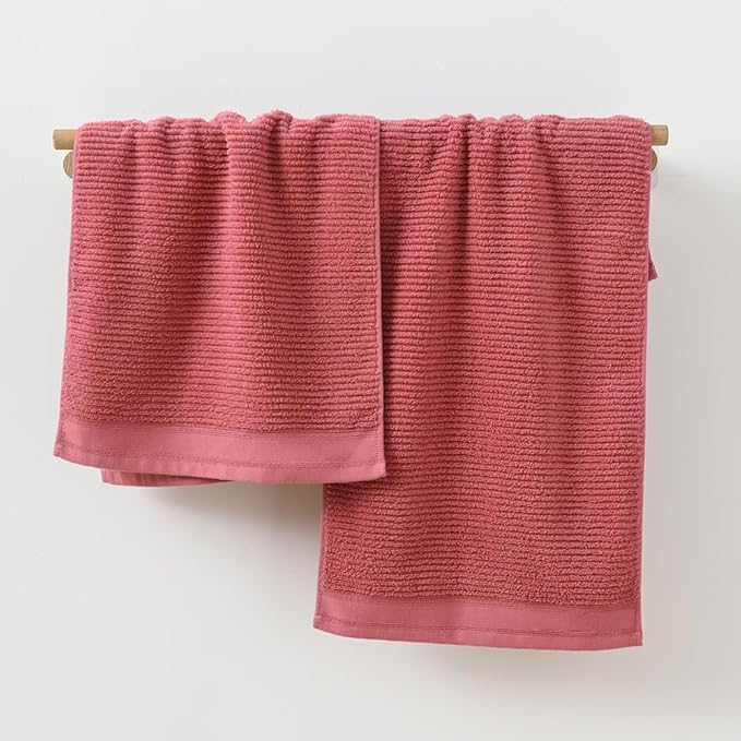 YiLUOMO Pink Hand Towel Set of 2 Ribbed Striped 100% Cotton Quick Dry Soft and Absorbent Bathroom Decorative Hand Towel 13 x 29 Inch