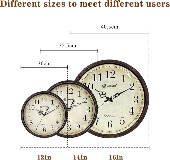 Geevon Vintage Brown Wall Clock, Silent 16" Non Ticking Wall Clock Battery Operated Retro Rustic Style Round Clock Decorative for Kitchen,Classroom,Bedroom,Living Room Decor