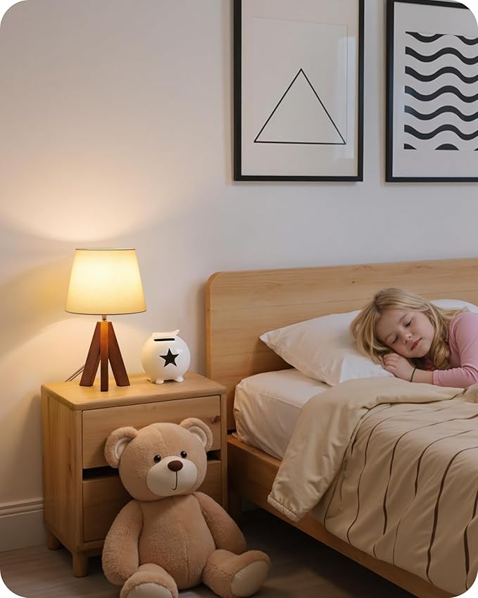 Tripod Table Lamp, Small Bedside Lamp with White Fabric Shade & Dark Wood Base, Modern Nightstand Lamp, Little Cute Desk Lamp for Bedroom, Kids Room, Living Room, Office, Study, LW51TL05