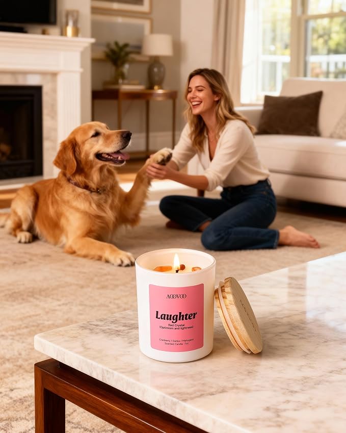 AOOVOO Energy Candles Set for Women - 4 Pack Candles for Home Scented, 28 oz 200 Hour Burn, Aromatherapy Candle with Crystals, Laughter Red Quartz/Love Rose Quartz/Joy Citrine/Passion Red Agate