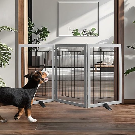 ZJSF Freestanding Dog Gate Indoor, Foldable Dog Fence for Doorways,Hallways or Stairs, Sturdy Wood Extra Wide Pet Gate with Support Feet,Grey,32 "Height-3 Panels