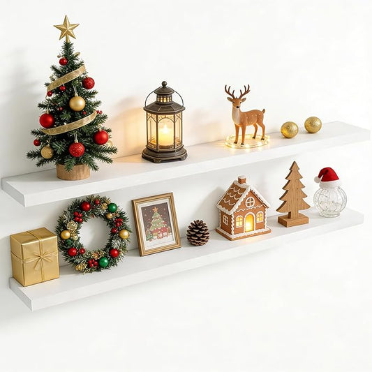 72 Inch Floating Shelves for Wall, 8 Inch Deep Floating Shelf for Storage & Display, Rustic Wall Mounted Shelf with Invisible Brackets for Living Room, Kitchen, Bathroom, Home Decor, Set of 2, White