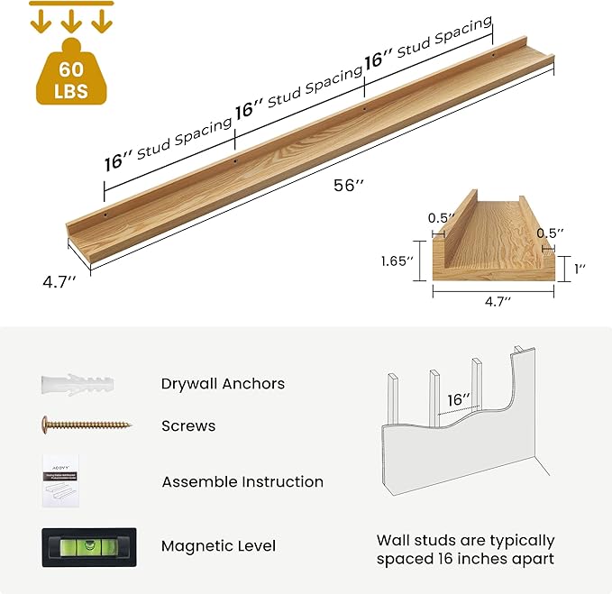 Solid Ash Wood Picture Ledge Shelf, Floating Shelves Set of 2, 56 Inch Long Large Ledge Shelves, Nursery Book Shelves Wall Mounted for Living Room Bedroom Kitchen Decor Kids Bookshelf, Natural
