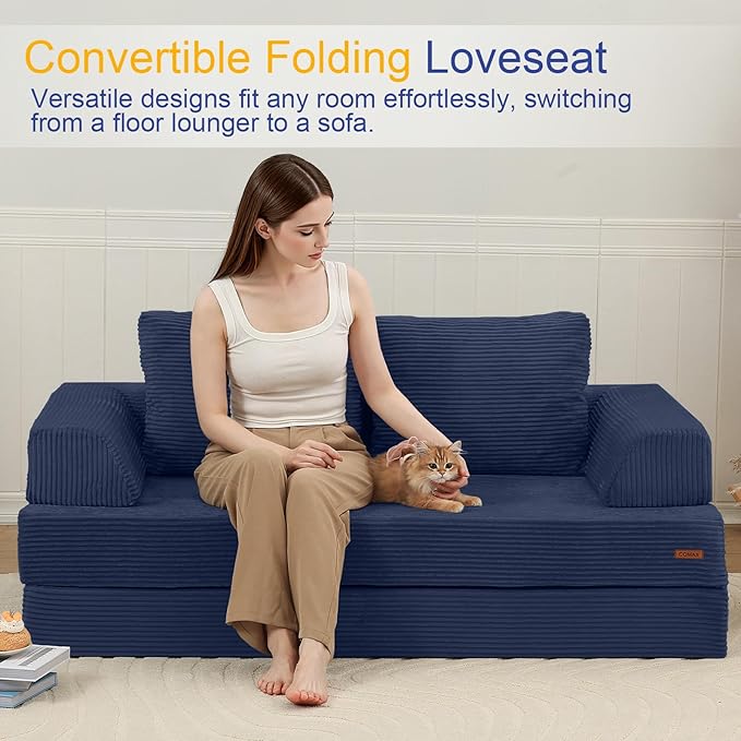 COMAX Convertible Sofa Bed, Folding Floor Couch Corduroy Fold Out Couch Bed Futon Sleeper Mattress with Pillows, Boneless Sofa Comfy Lounge Loveseat for Living Room Bedroom, Navy