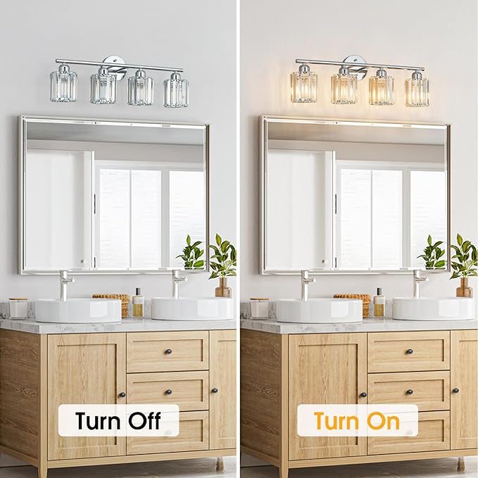 Modern 4 Light Crystal Vanity Light, Chrome Vertical Bathroom Light Fixture Over Mirror for Dressing Table Sink, Compatible with Dimmable Bulbs (Bulbs Not Included)