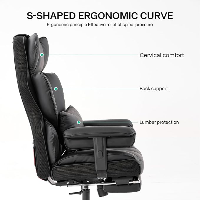 Big and Tall Office Chair 400lbs Wide Seat,High Back Gaming Chair with Foot Rest, Ergonomic Reclining Executive Office Chairs Lumbar Support,Leather Computer Chair Adjustable Arm(Black)