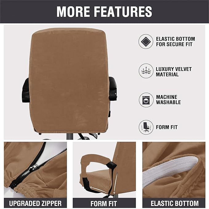 Velvet Plush Stretchable Office Desk Chair Cover - Cat Proof Elastic Comfy Protector for Ergonomic Office Chair with Wheels and Armrests, Fits Mesh and Executive Office Chairs, Removable, Brown, XL