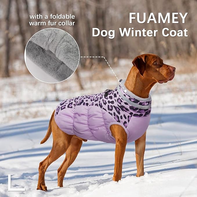 FUAMEY Dog Coat for Large Dogs,Waterproof Dog Winter Jacket with Harness Built in Puppy Cold Weather Coats Reflective Pet Vest with Zipper Warm Fleece Dogs Snowsuit Windproof Purple Leopard L