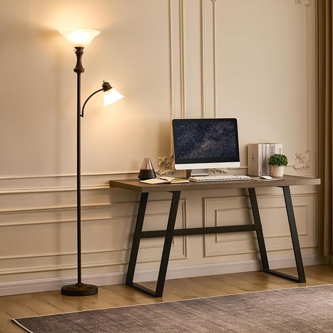 71'' Torchiere Floor Lamp for Bedroom with Glass Shade, Tall Floor Lamps for Living Room with Adjustable Angle Arc Reading Light, Modern Standing Light, Knob Switch, Bulb Included, Red Brown