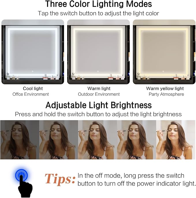 43" Makeup Vanity Desk with Mirror and Lights, & Power Outl, Glass Top Big Vanity Table with 9 Drawers& 8 Storage Shelves, Dressing Table Set with Chair for Bedroom, Black