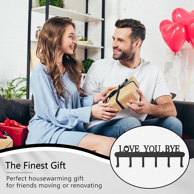 Key Holder for Wall - 'Love You Bye' Key Hooks,Key Holder Wall Mount Self Adhesive, Key Rack Wall Mount for Wall No Drill for Living Room, Kitchen, Bathroom, Garage (Black, 6 Hooks)