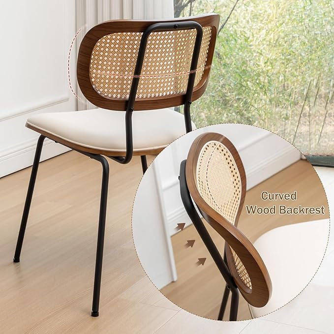 Rattan Dining Chairs Set of 4, Mid Century Modern Dining Chairs with Cane Back for Kitchen Dining Room, 19 Inch Faux Leather Beige