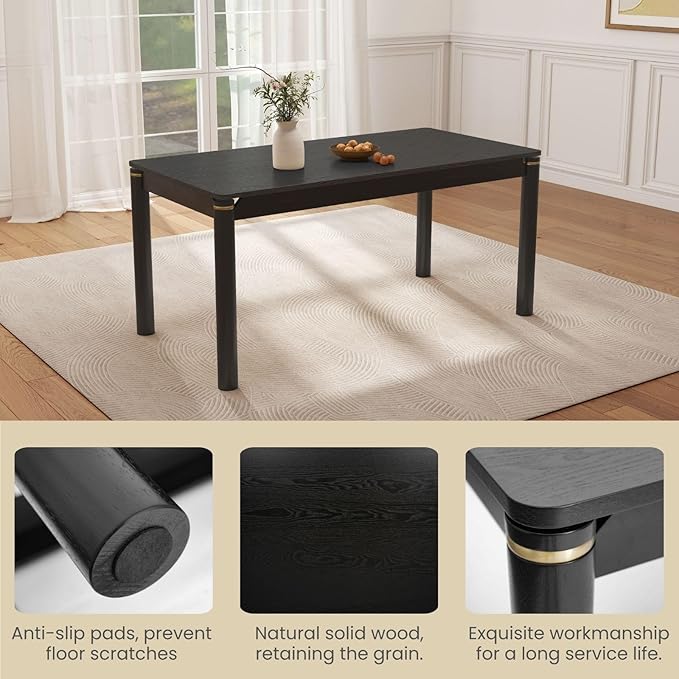 63" Dining Table for 4-6 People, Modern Farmhouse Rectangular Kitchen Table with Solid Wood Legs & Gold Trim, Large Long Dining Room Table for Living Room, Black (Table Only)