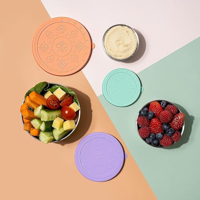 Everusely - Stainless Steel Food Containers - 3 Pack, Bright - Metal Lunch Box - Nesting Snack Containers for Office, Home Food Storage - Leakproof Silicone Lids - Dishwasher and Freezer Safe