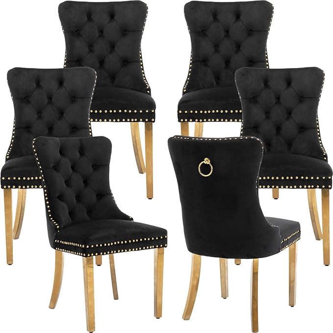 Luxury Upholstered Dining Chairs Set of 6, Black Kitchen Chair with Golden Metal Legs, Velvet Tufted Back Dining Chair, Sillas de Comedor, Modern Kitchen & Dining Room Chairs (Black, 6 Pcs)