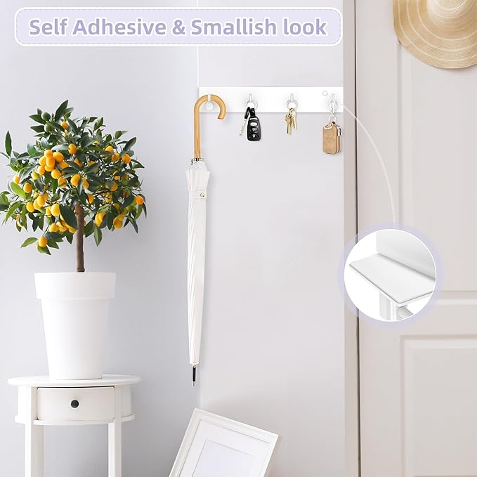 VIS'V Key Holder Wall Mount, Large Metal Self Adhesive Key Hanger with 4 Hooks, No Drilling, Extra Adhesive Strip, White