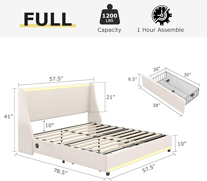 VECELO Full Size Bed Frame with Storage Drawers, Upholstered Platform Bedframe with Wingback Headboard, No Box Spring Needed, Beige