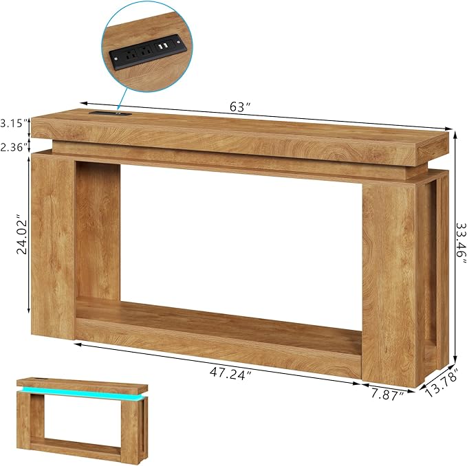 Loomie 63" Long Console Table with LED Lights & Power Outlet, 2-Tier Farmhouse Sofa Table Behind Couch with Storage, Narrow Entryway Tables with Heavy Duty Base for Living Room, Hallway (Natural)