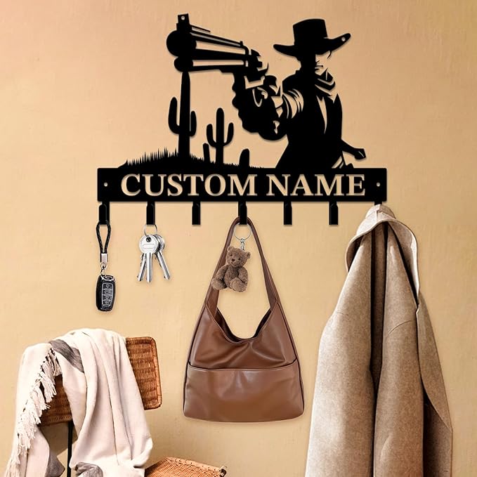 Personalized Custom Name West Cowboy Keys Hooks,Metal Cowboy Art Clothes Keys Hooks,Metal Cowboy Lover Wall Home Storage Decorative Keys Hooks,Key Holder Hooks for Wall (Style H)