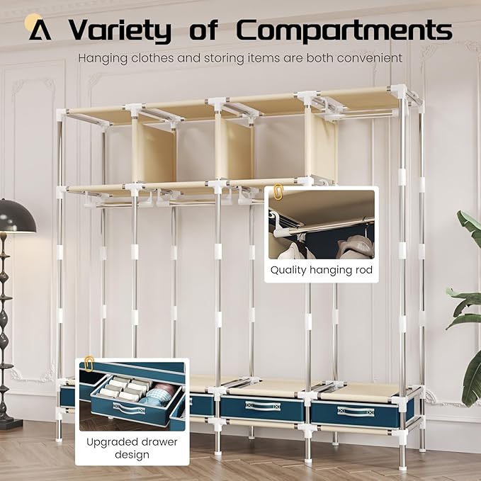 Portable Wardrobe with 4 Drawers and 3 Shelves, 67 Inch Large Capacity Freestanding Wardrobe Hanging Organizer with Lid for Bedroom, Blue