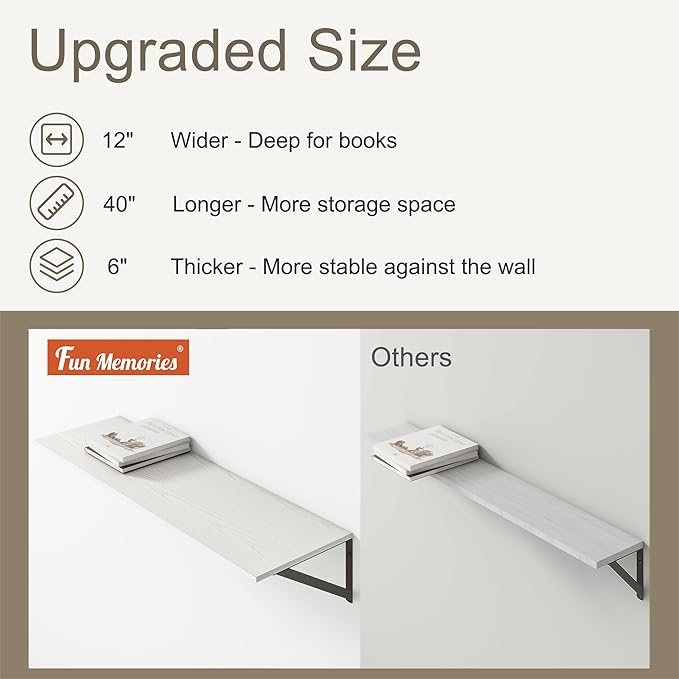 Fun Memories 40 Inch Floating Shelves, 12 Inch Deep Wall Shelf, 40 x 12 Floating Shelf Set of 2, White Wood Floating Shelf Wall Mounted, Large Kitchen Living Room Bedroom Storage Shelves