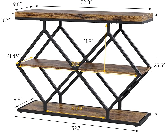 Garvee 3-Tier Entryway Table, Industrial Console Sofa Table with Storage, Accent Tables with Open Shelves, Diamond-Shaped Metal Frame, Foyer Tables for Entryway, Hallway, Rustic Brown