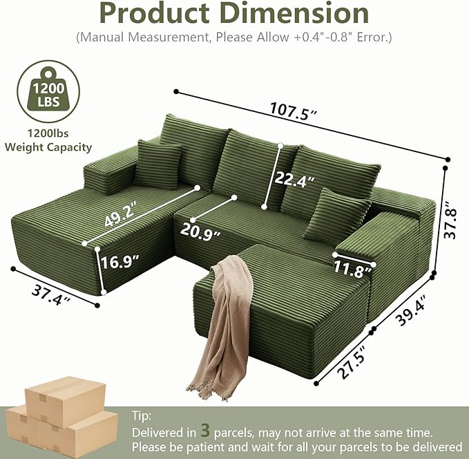 107" L-Shape Sofa with Ottoman, Modern Modular Sectional Comfy U-Shape Cloud Couch, Deep Seat, Upholstered Corduroy Sleeper Chaise Longue for Living Room Bedroom, No Assembly Required, Green