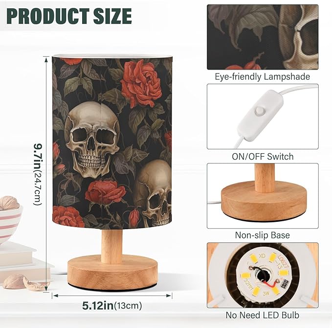 Bedside Lamp Skull Gothic Red Rose Flower Table Lamp with USB Port Wood Base for Living