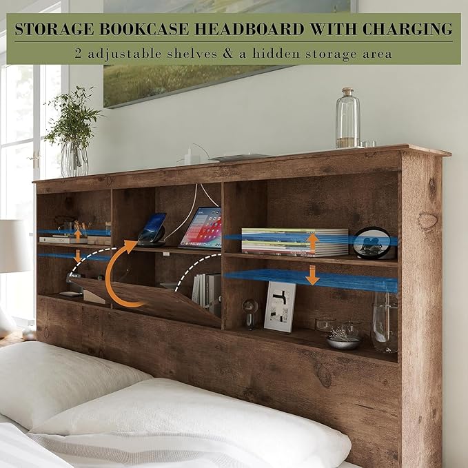 AMERLIFE King Size Bed Frame Wooden Platform Bed with 51.2" Storage LED Bookcase Headboard, Charging Station & 4 Storage Drawers/No Box Spring Needed/Noise Free/Rustic Brown