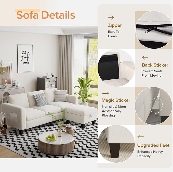 Sectional Sofa Couches for Living Room - 78''Convertible Modular Three-Seater L-Shaped Pet-Friendly Couch,Washable Sofa Cover-Bench Storage, Suitable for Small Living Room, Apartment,Office-White