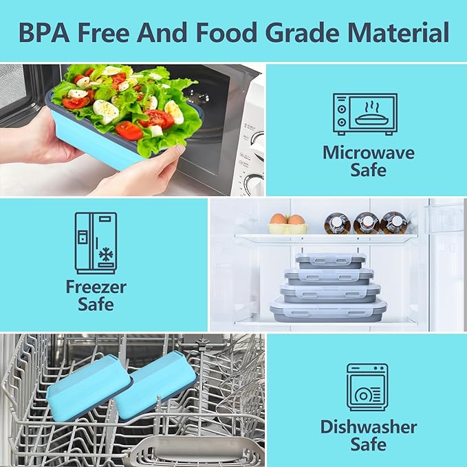 Collapsible Silicone Food Storage Containers with Lids, Collapsible Food Storage Containers, Camping Dishes, 4 Pack Foldable Lunch Box for Leftovers, Meals, Snacks, Dark Blue