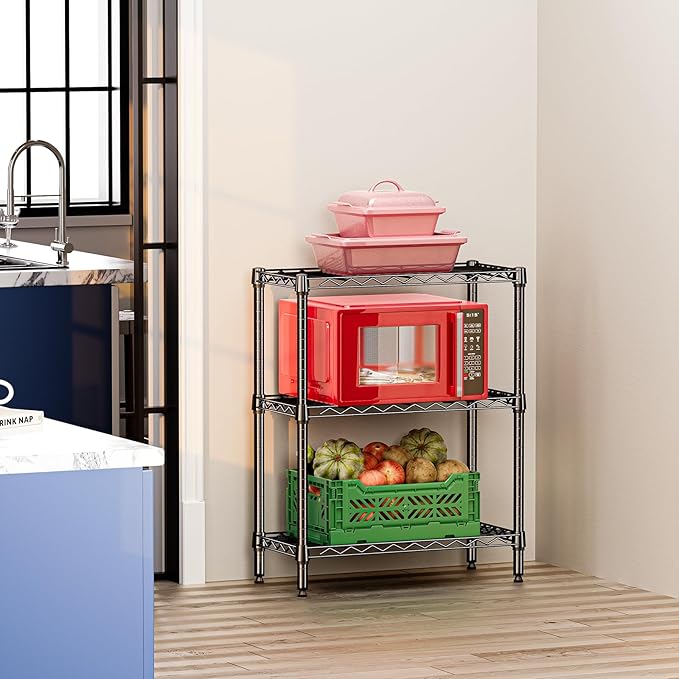 IZEUK 3 Tier Heavy Duty Steel Storage Shelves, Metal Shelf Wire Shelving Rack for Pantry, Kitchen, Cloakroom or Office Organization (11.8" D x 25.6" W x 31.5" H, 750LBS, Black)